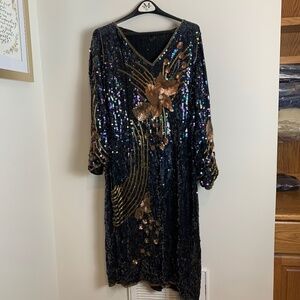 Chloe Silk Black Sequin Flower 3/4 Sleeve Dress Size L